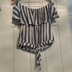 American Eagle Outfitters Navy and White Ruffle Off-Shoulder Blouse